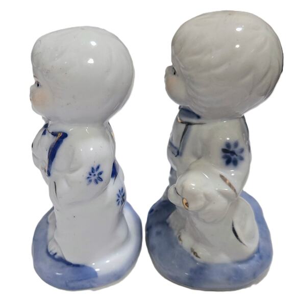 2-Vintage Porcelain Figurines Blue & White Boy w/Dog & Girl w/Cat Collectible - Picture 4 of 9